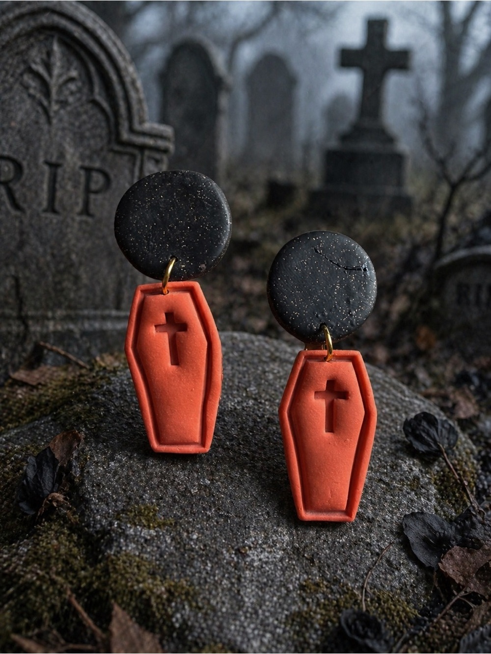 Halloween Coffin Dangle Handmade Polymer Clay Earrings in Black and Orange